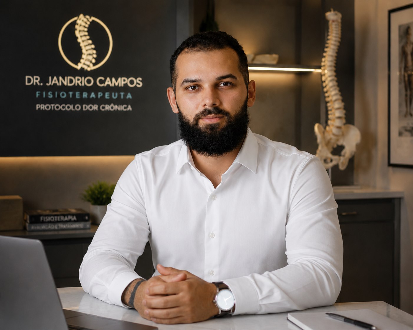 Dr. Jandrio Campos no consultório, com o logo e o modelo de coluna ao fundo